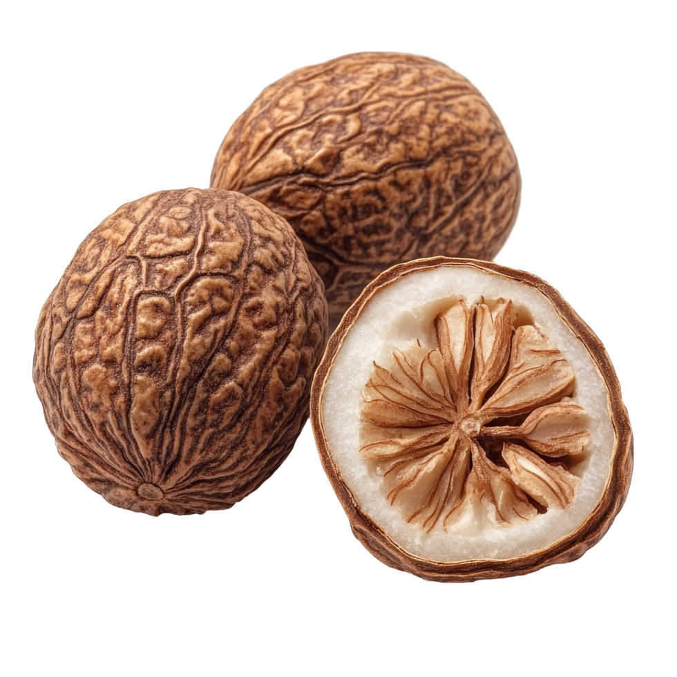 Dry nutmeg on a transparent background showcasing the distinctive textures and colors of this aromatic spice, Dry nutmeg isolated on transparent background png
