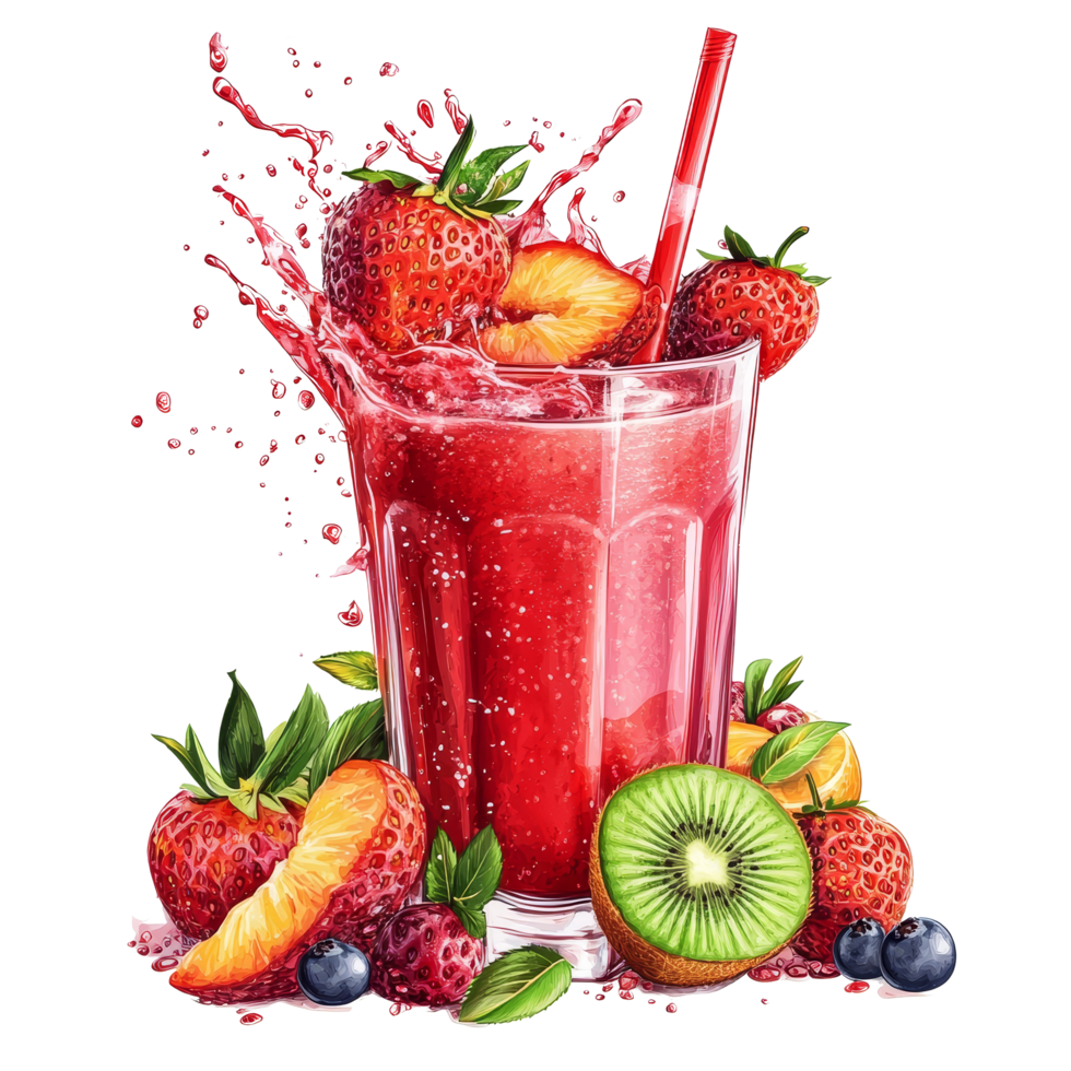 Refreshing strawberry juice with fruit splash surrounding a glass on a clean background, Strawberry juice with fruits splash Stock Illustration png