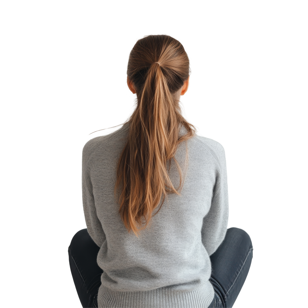A woman relaxes in a casual outfit while seated on a soft transparent surface in a minimalistic space, Back View of a Woman Sitting in Casual Outfit on transparent background png