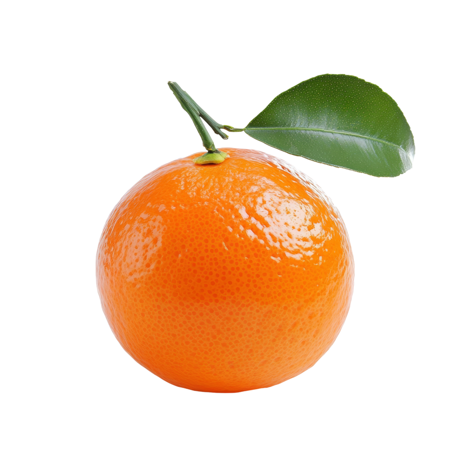 Fresh Mandarin orange with a green leaf, showcasing vibrant color and texture against a clean transparent background, Mandarin orange isolated png