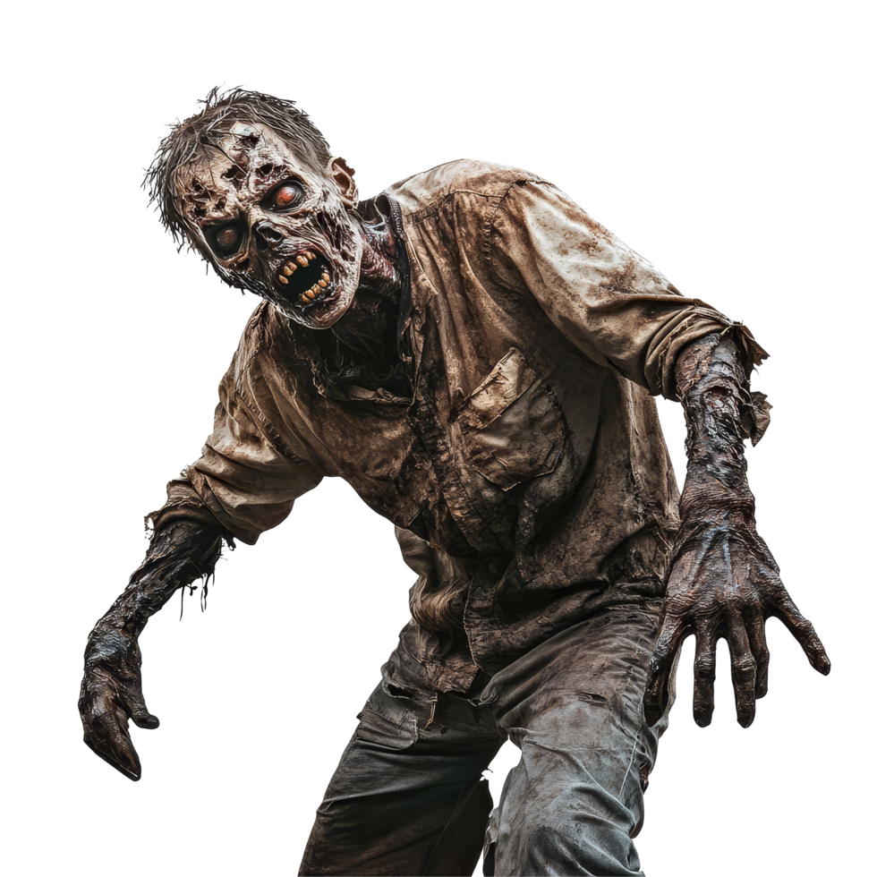 A terrifying zombie emerges with a grotesque appearance on a stark transparent background, ready to instill fear, Scary Zombie Portrayed Isolated on transparent background png