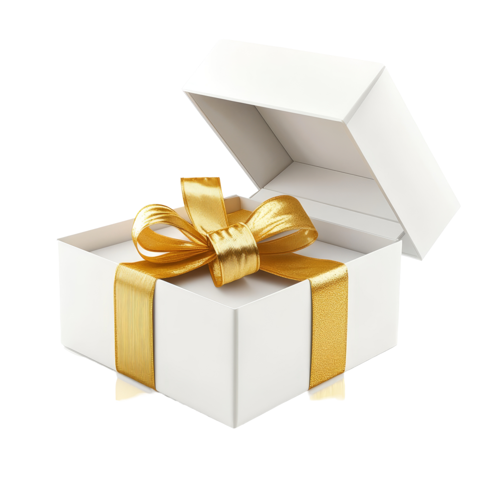 Stylish transparent gift box with a gold ribbon ready to be opened for a special occasion or celebration, transparent color open gift box with gold ribbon isolated png