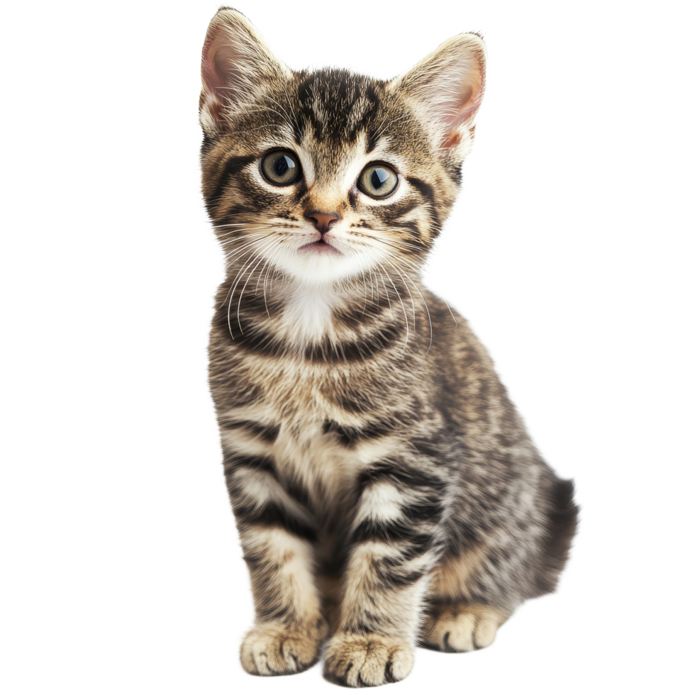 Young tabby cat sitting gracefully on a clean transparent background, showcasing its playful curiosity and charm, Young cat on transparent background png