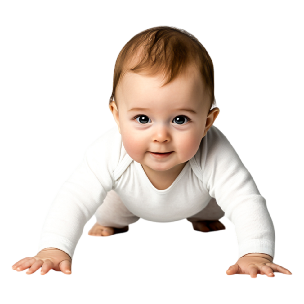 Happy baby crawling on the floor in bright white clothes with joy png