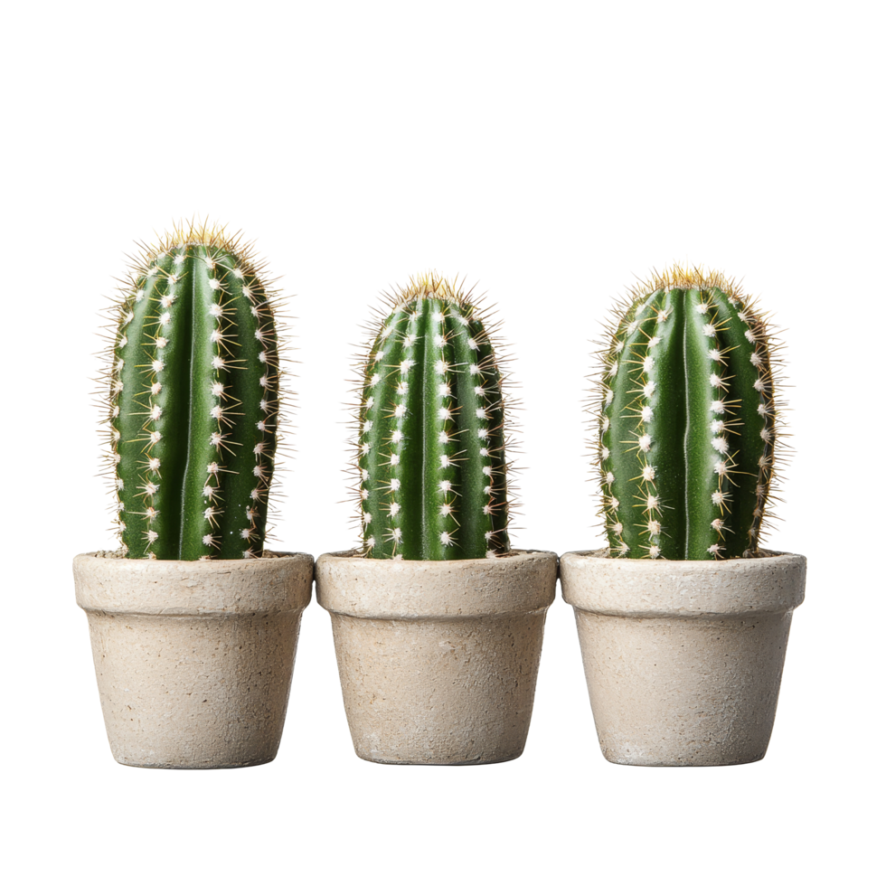 Mini cacti displayed in simple pots isolated on a bright transparent background for home decor inspiration, of 3 mini cactus on pot isolated on transparent background png