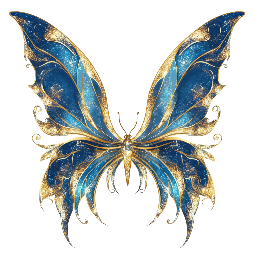 Stunning blue and gold fairy wings with sparkling design for costume or decoration, Blue and Gold Fairy Wings with Sparkling Design, Isolated on transparent background png