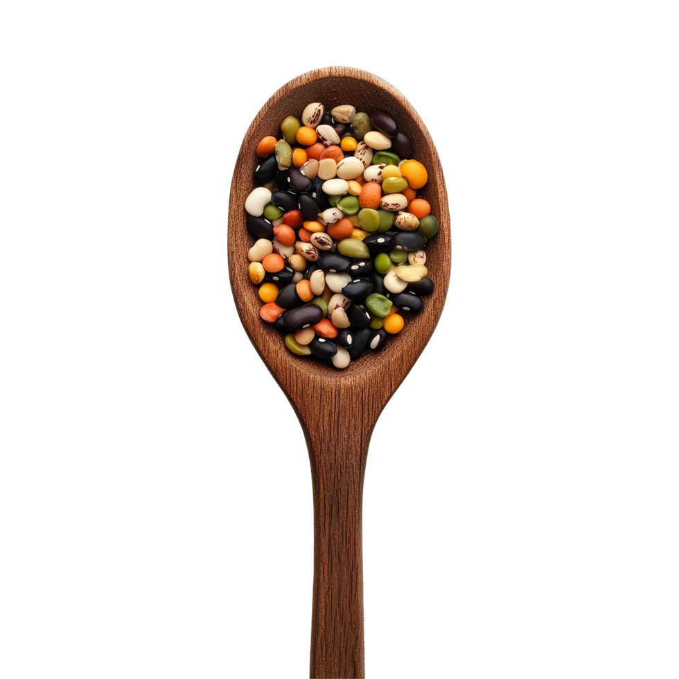 A wooden spoon filled with a colorful mix of grains and beans on a clean transparent background for culinary use, grains mix beans in wood spoon on transparent background png