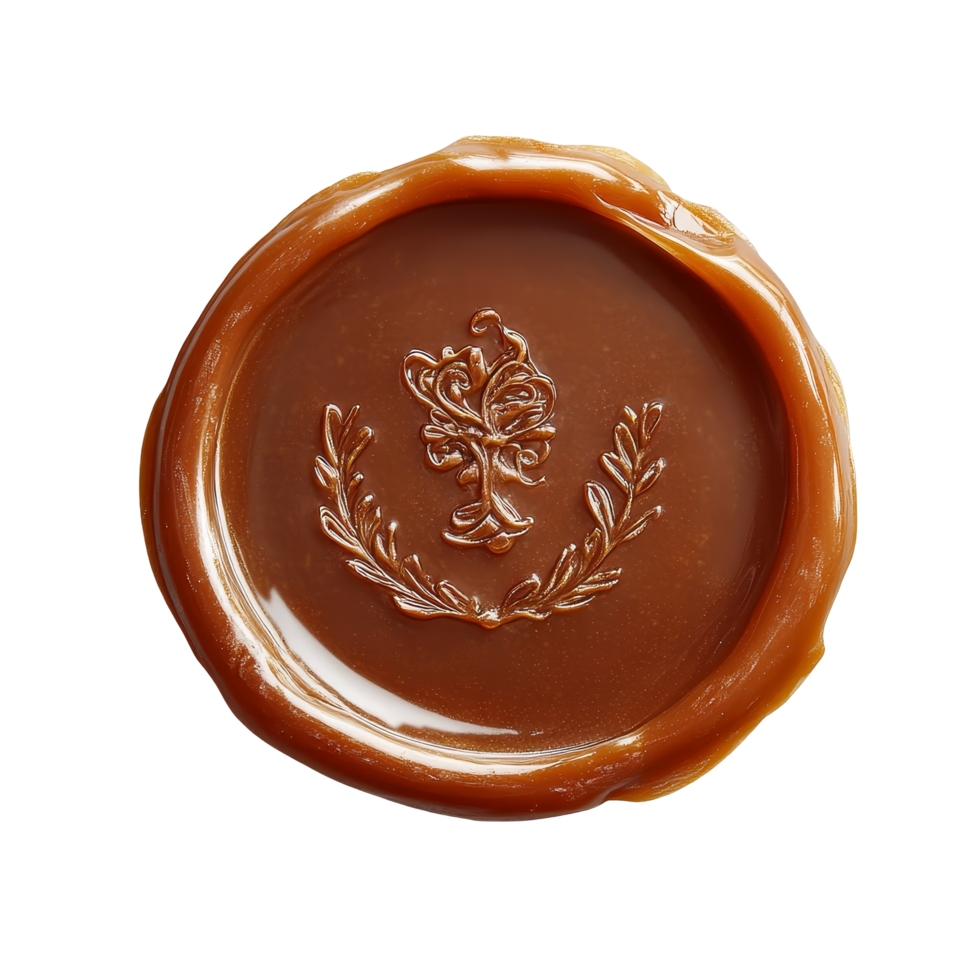 Round wax seal featuring an intricate floral design in a warm brown color, perfect for adding elegance to correspondence, Round shape wax seal Stock Illustration png