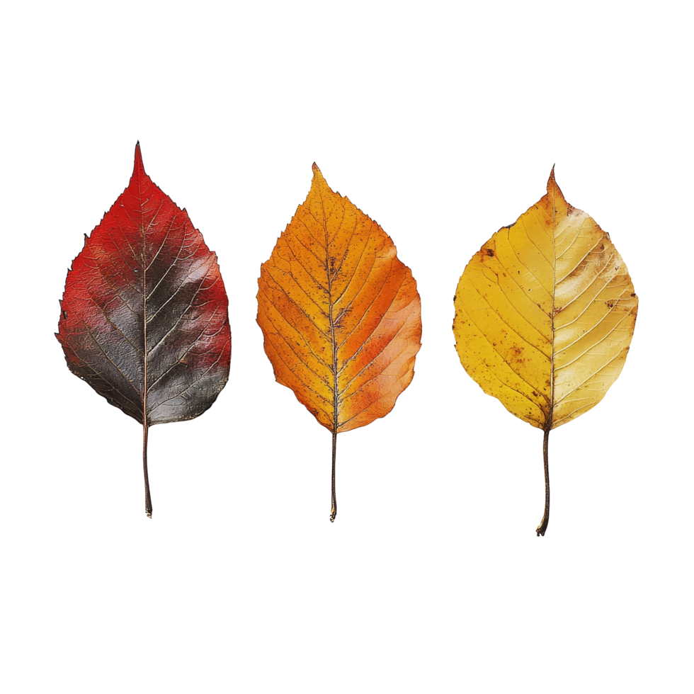 Three vibrant autumn leaves displayed on a clean transparent background in a colorful arrangement, Three autumn leaves transparent background png