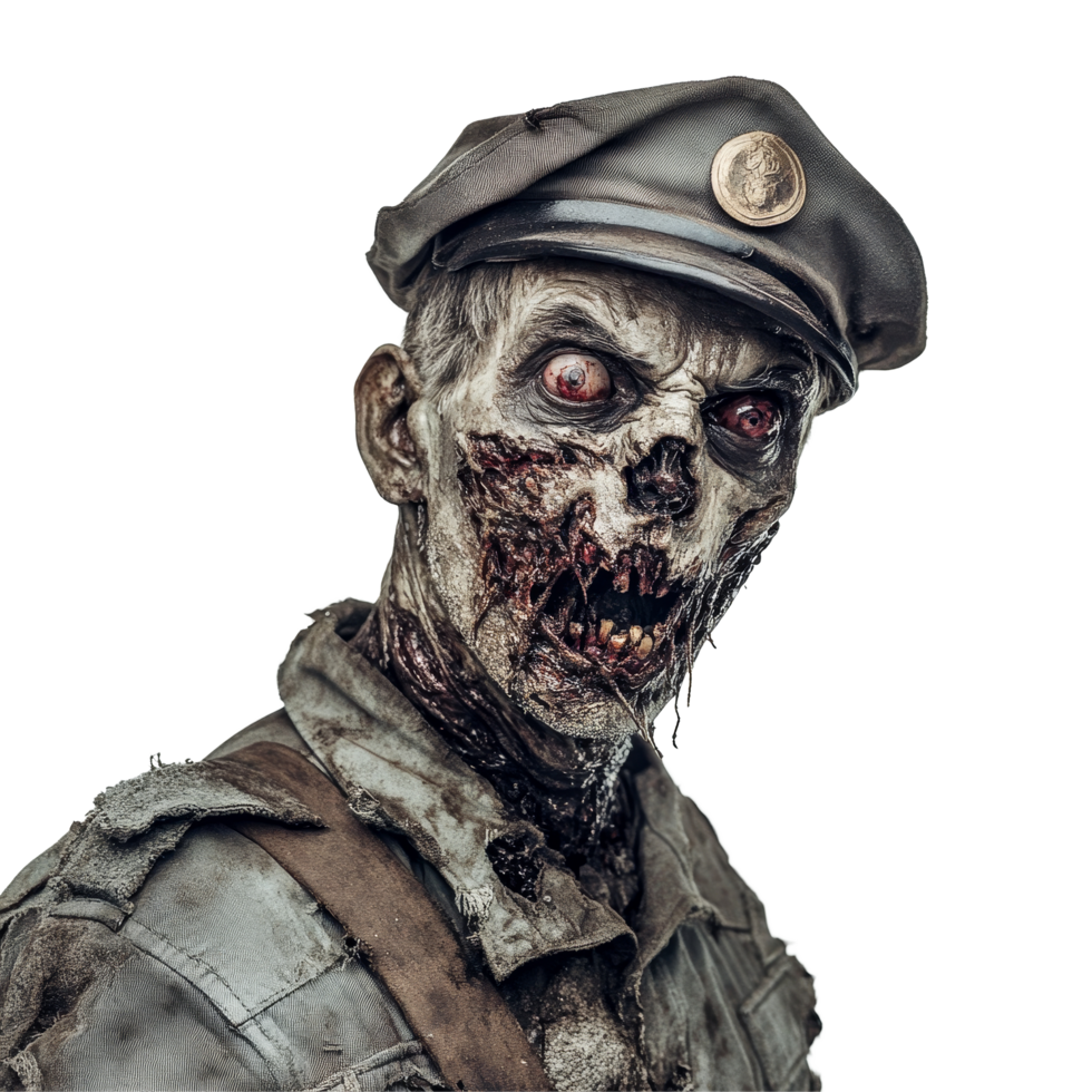 Military zombie stands menacingly against a transparent background with a haunting gaze and tattered uniform, Military zombie on transparent background png