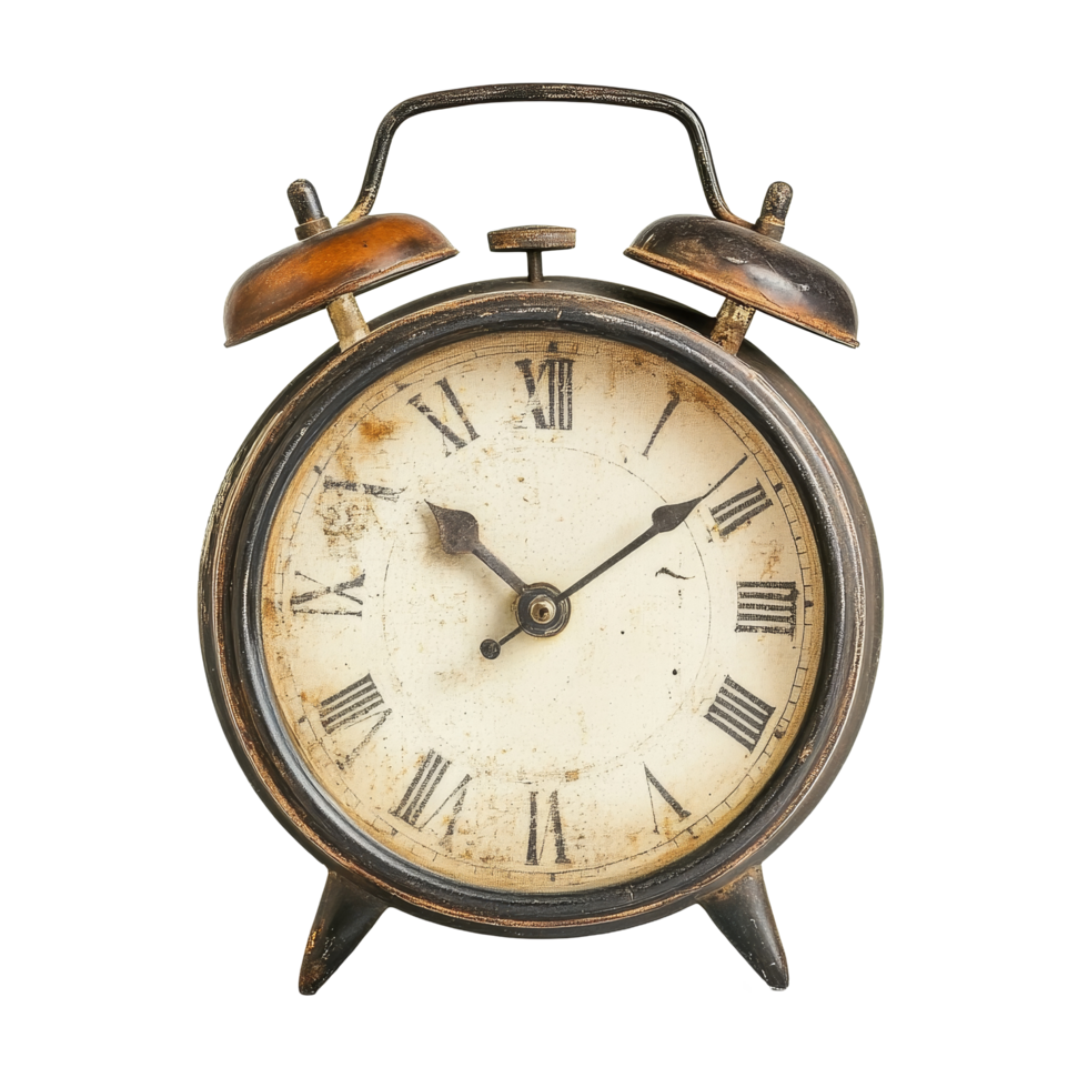Classic vintage alarm clock with Roman numerals on a transparent background highlighting its nostalgic design and charm, classic vintage alarm clock isolated on transparent background png