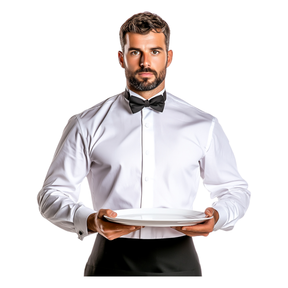 Elegant Male Waiter Holding Empty Plate in Formal Attire png