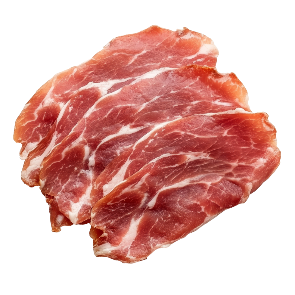 Authentic Italian raw speck meat slices presented on a clean transparent background for culinary display and appreciation, italien raw speck meat isolated on transparent background png