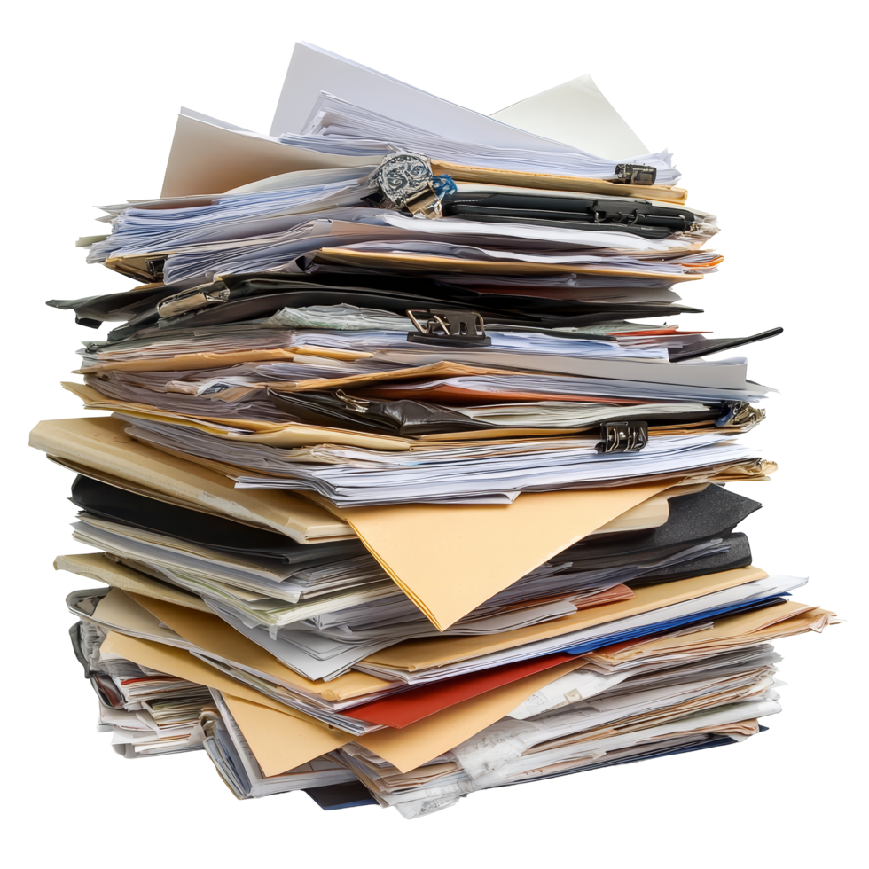A disorganized pile of folders and paperwork on a table, reflecting a busy office environment in the afternoon, Pile of folders and paperwork png