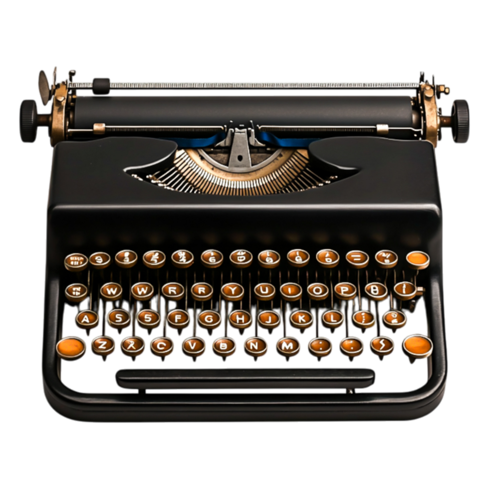 Vintage Black Typewriter with Round Keys and Gold Accents png