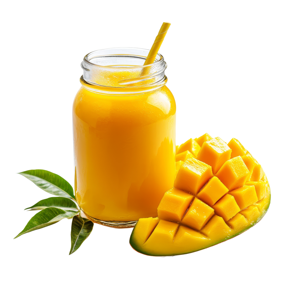 Fresh mango juice served in a jar beside sliced mango on a clean transparent background, Sweet mango juice in a glass jar on a transparent background png