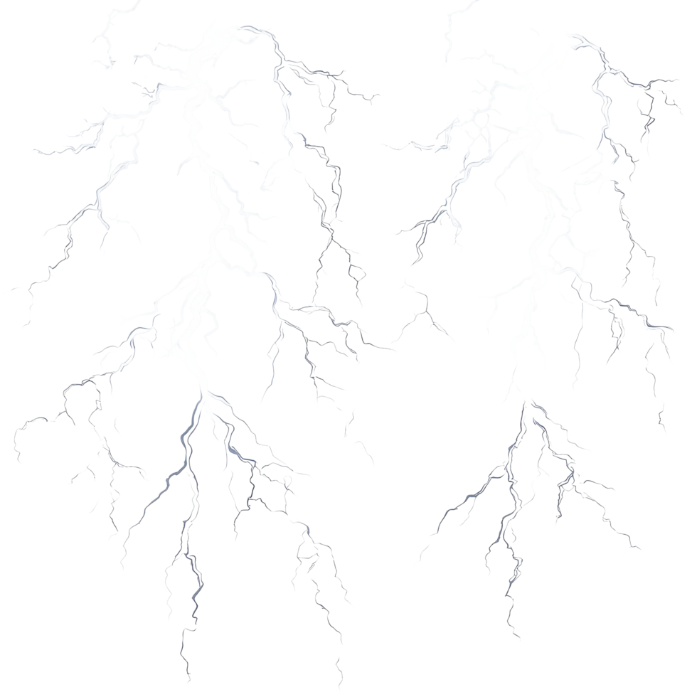 Realistic high voltage lightning bolts illuminating a transparent background during a thunderstorm event, High Voltage Power Realistic Lightning Bolts on transparent background png