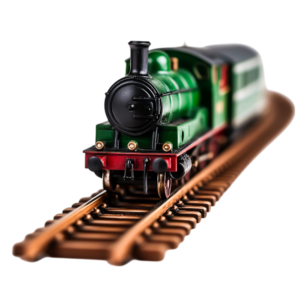 Vintage Green Train Model on Rail Tracks with Soft Focus Background png