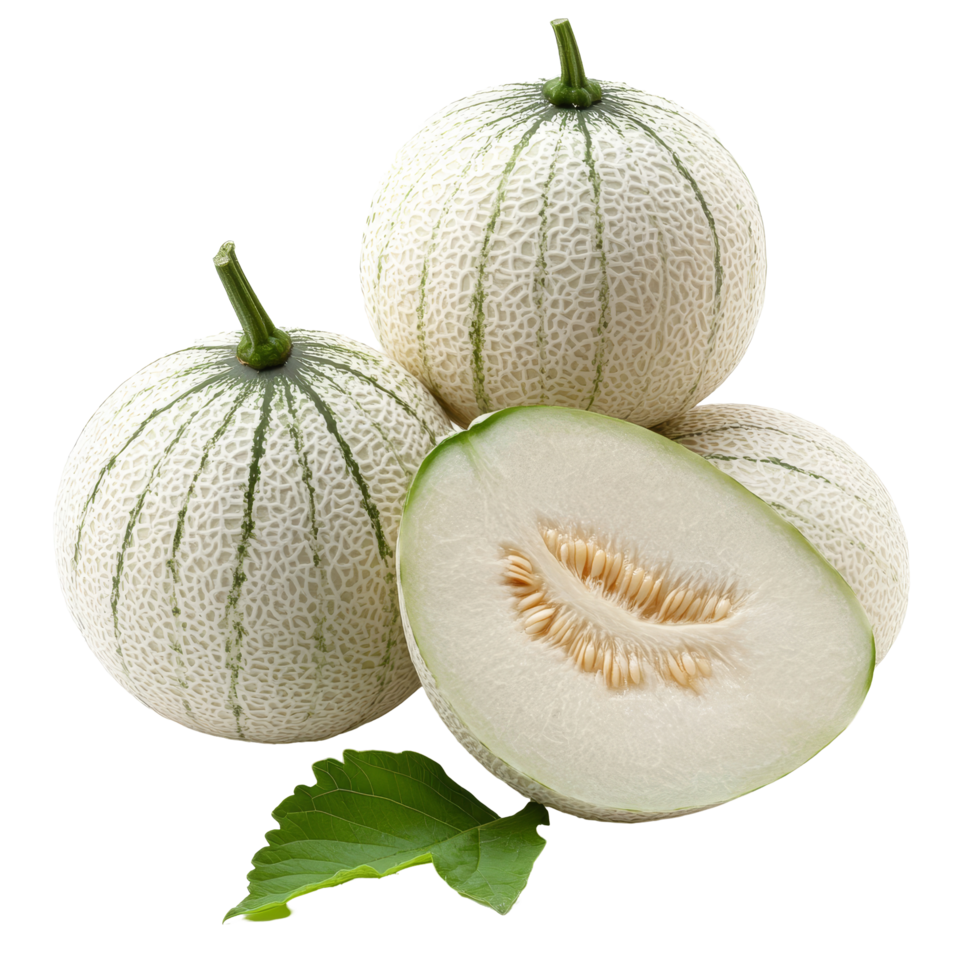 Fresh pepino melons with a green leaf against a transparent background, showcasing their unique texture and color, pepino melons with leaf on transparent background png