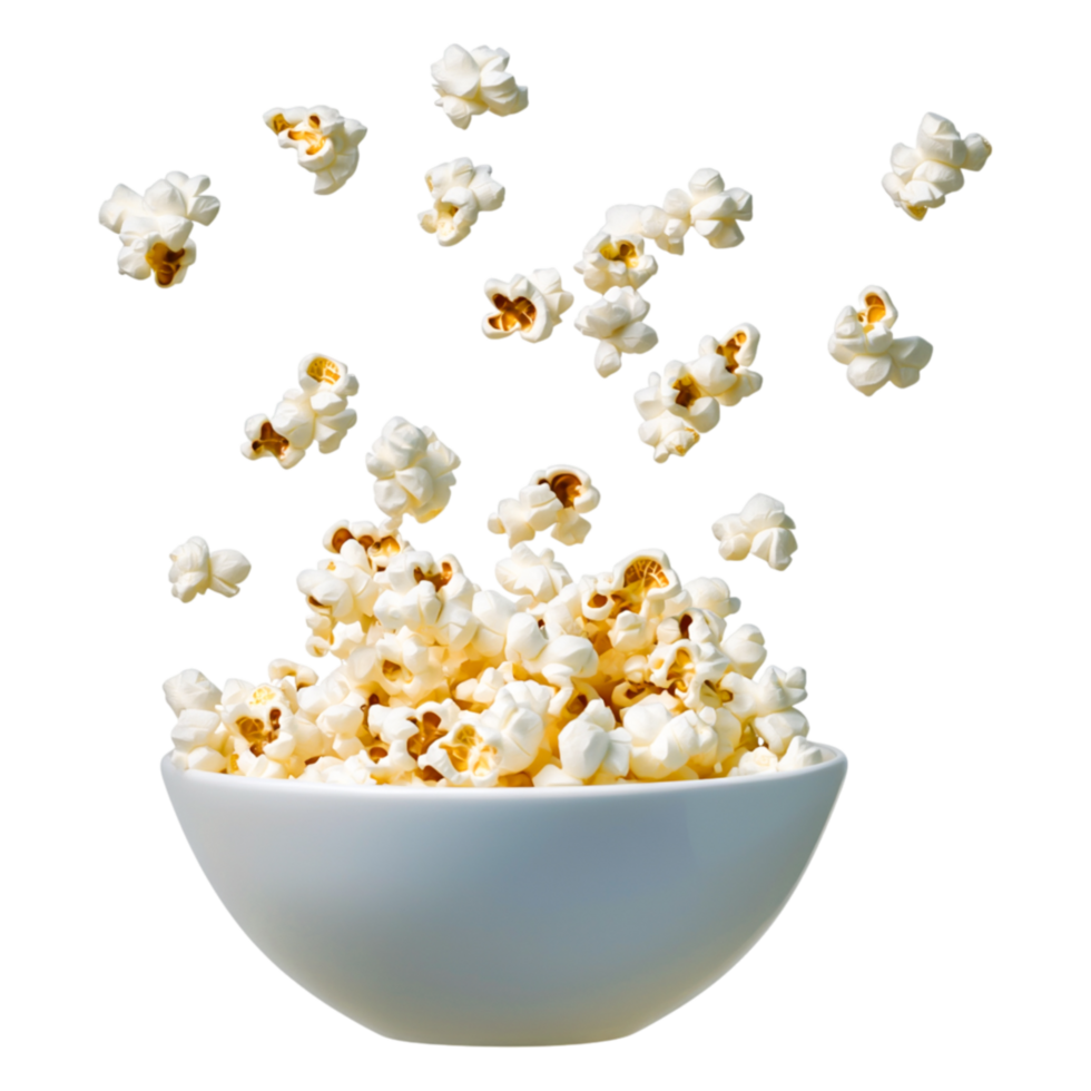 Delicious Popped Corn Flying Out of a White Bowl on a Transparent Background png