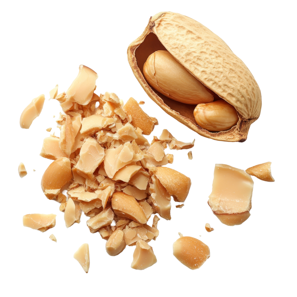 Crushed peanuts scattered alongside a partially opened shell on a transparent background in natural light, Peanut crushed into pieces over transparent background png