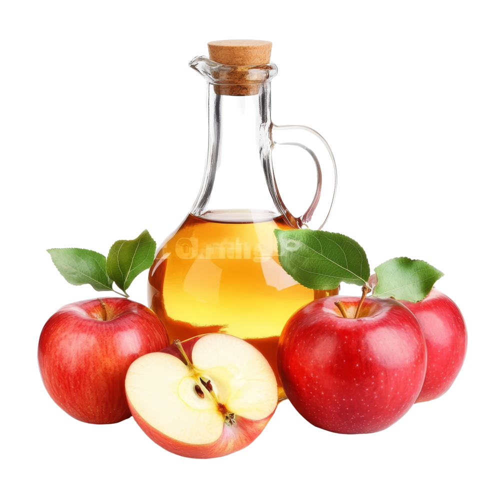 Fresh red apples and apple cider vinegar displayed together on a clean transparent background, A jug of apple cider vinegar with fresh red apples isolated png