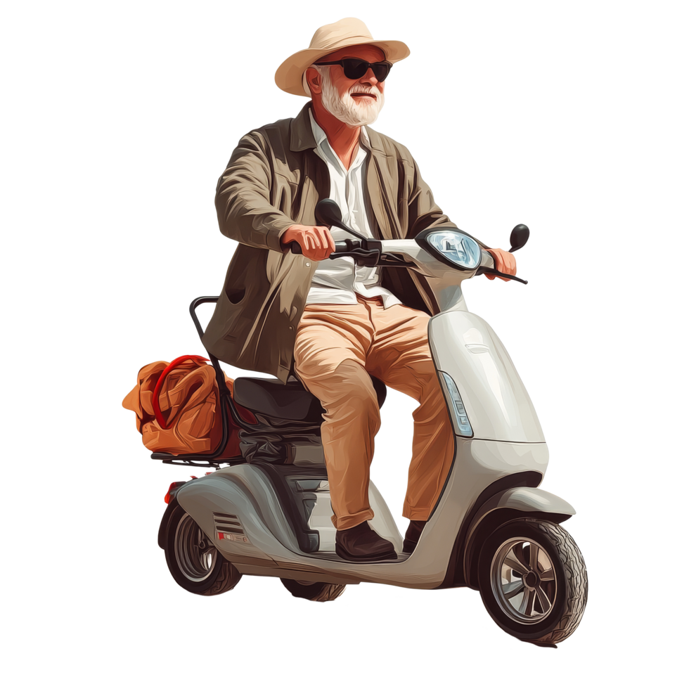 Senior man riding a scooter to the beach on a sunny day with a bag in tow, file no background Senior man going to the beach with an electric scooter png
