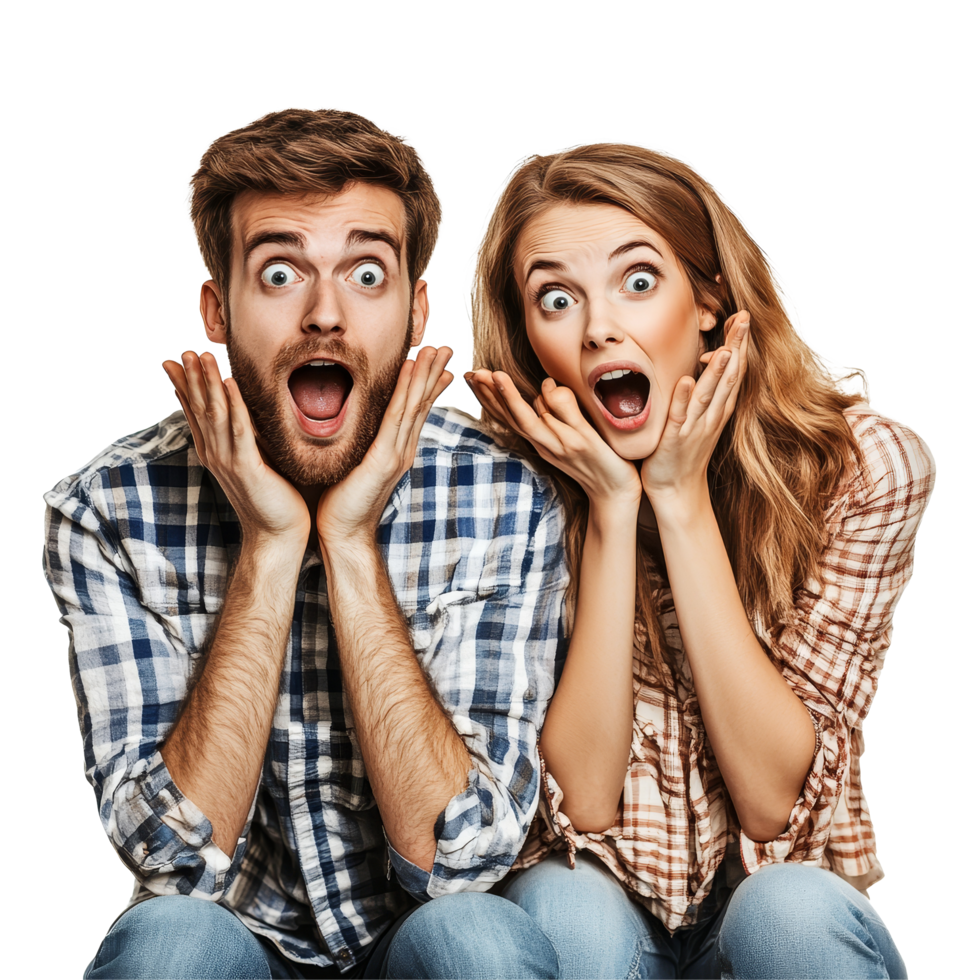 Excited couple expressing amazement while sitting together in a bright, isolated setting, happy amazed couple of young people, file of isolated object on transparent background png