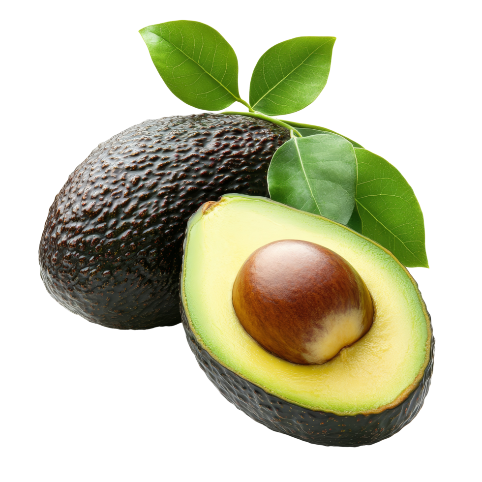 Fresh and ripe avocado halved to reveal the seed and vibrant green flesh with leaves, Avocado with seed png