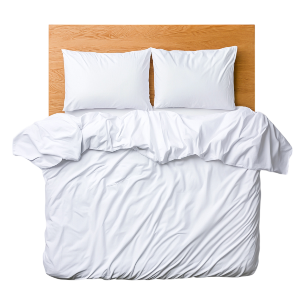 Fresh White Bedding on Wooden Bed Frame with Decorative Pillows png