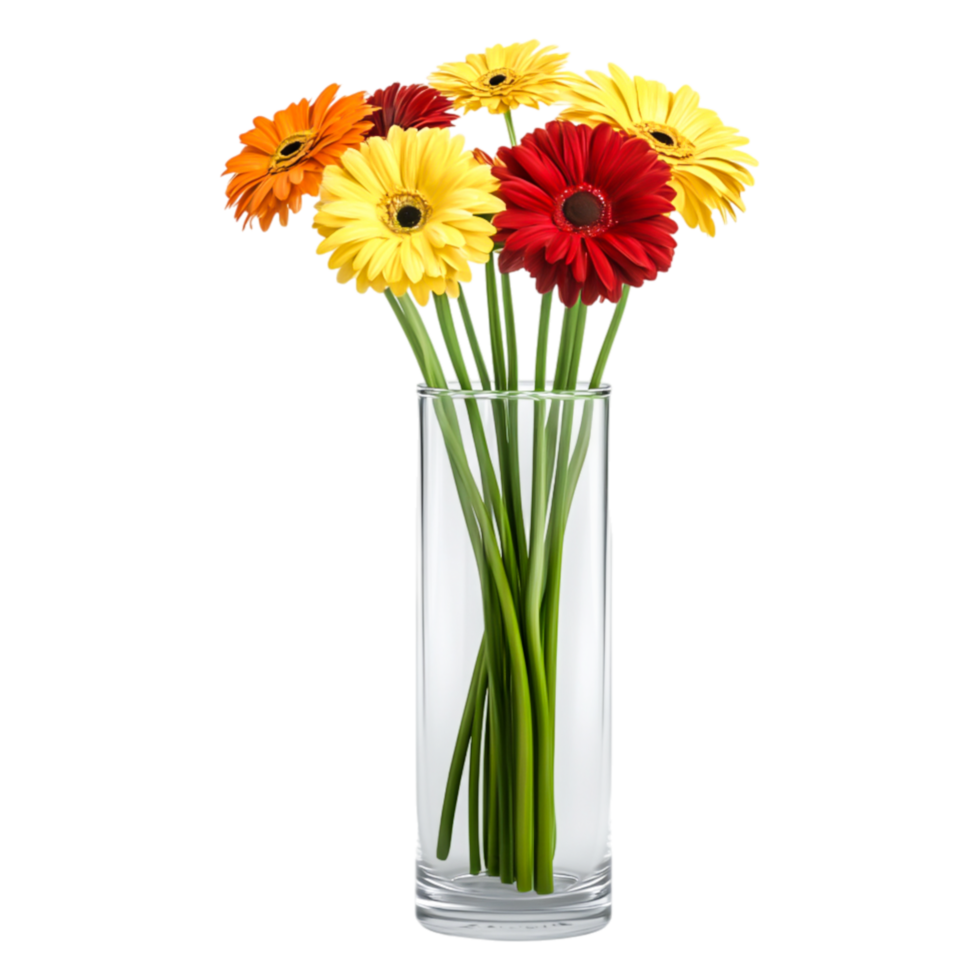 Colorful Gerbera Daisies in Transparent Vase with Long Green Stems png