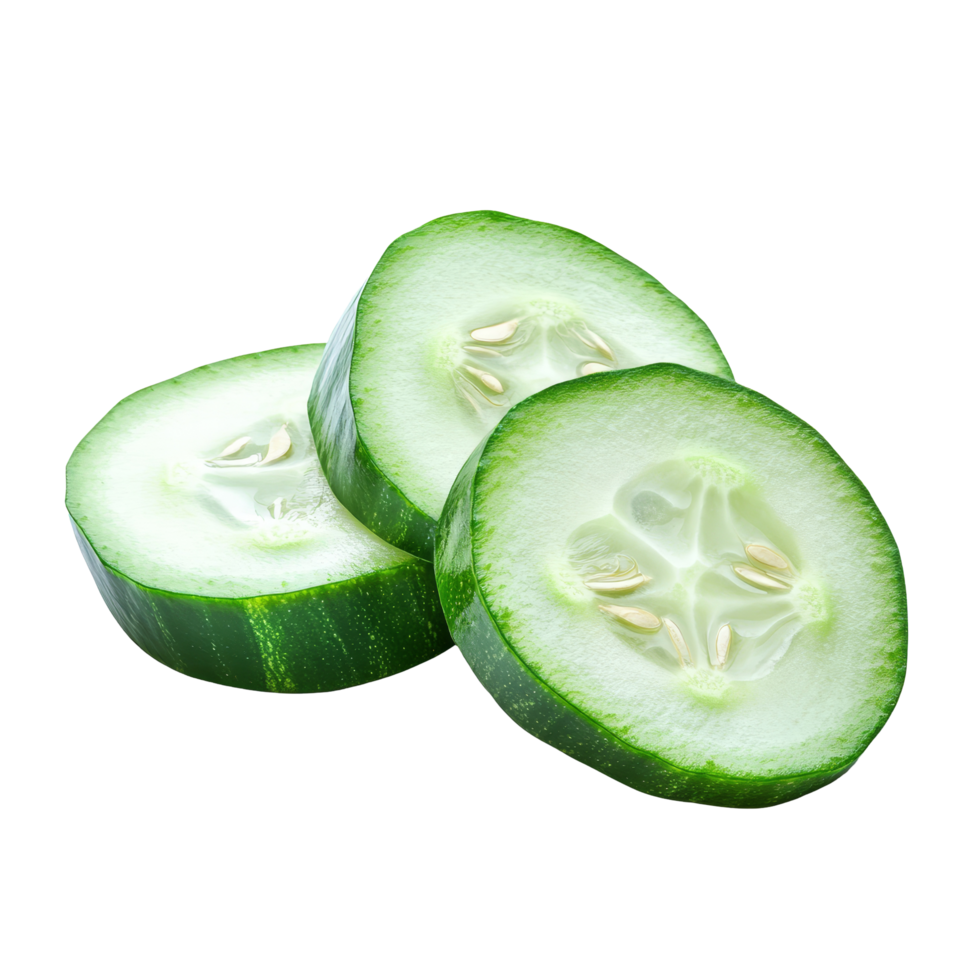 Fresh, sliced green cucumber on a clean transparent background, showcasing its crisp texture and seeds, slice green cucumber isolated on transparent background png