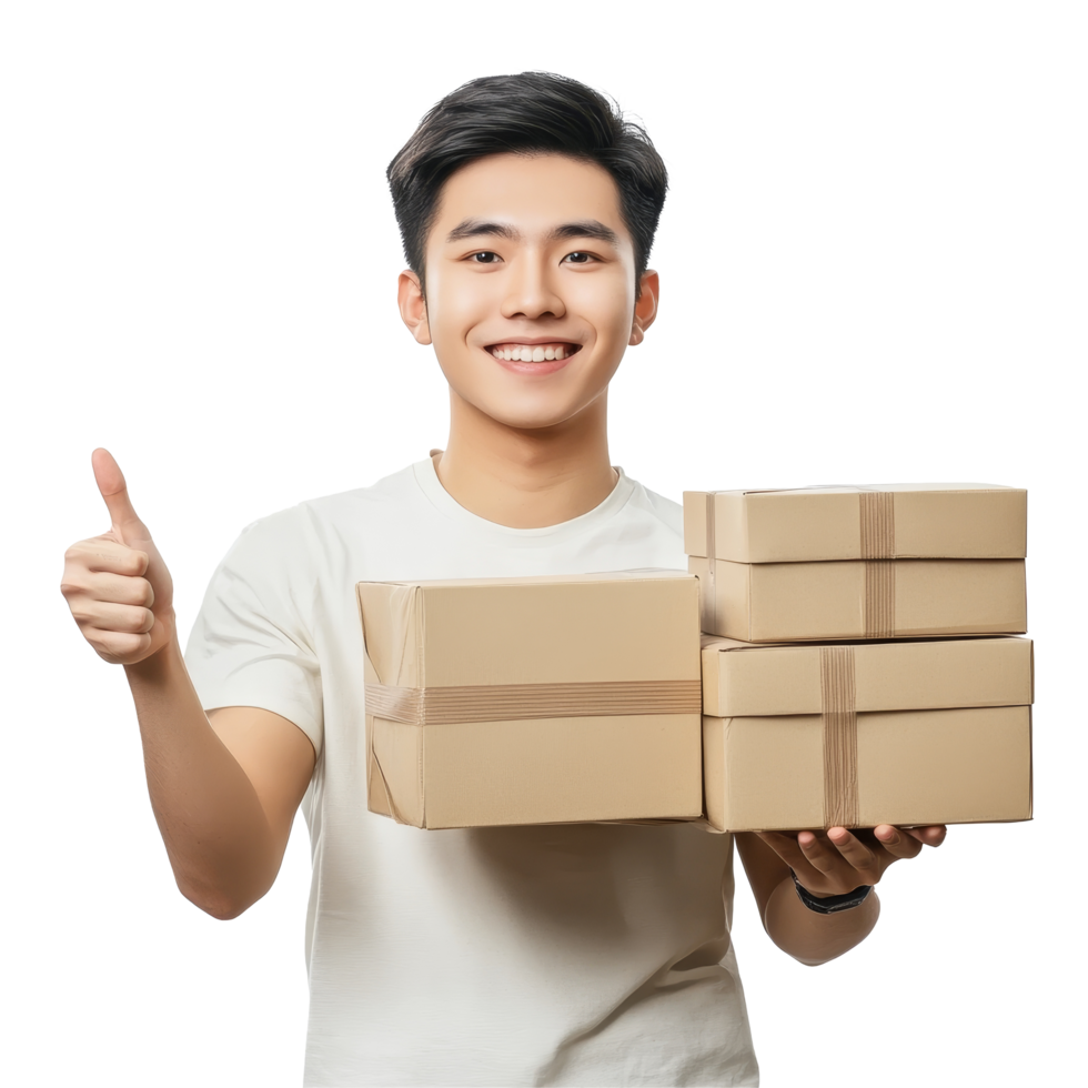 Happy young Asian man giving a thumbs up while holding multiple packages in a bright indoor setting, Happy young Asian man thumb up and holding package parcel boxs isolated on transparent background png