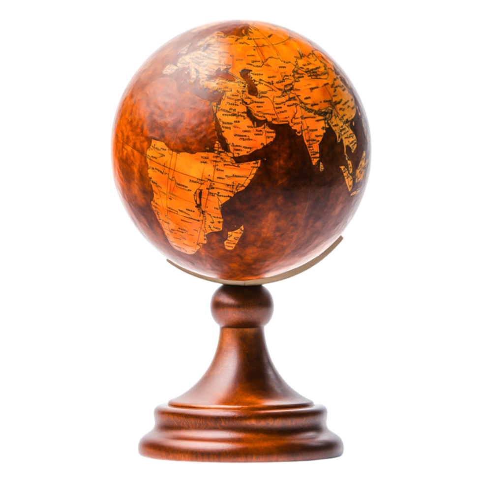 Brown Globe on Wooden Stand Showing Maps of Asia and Europe png