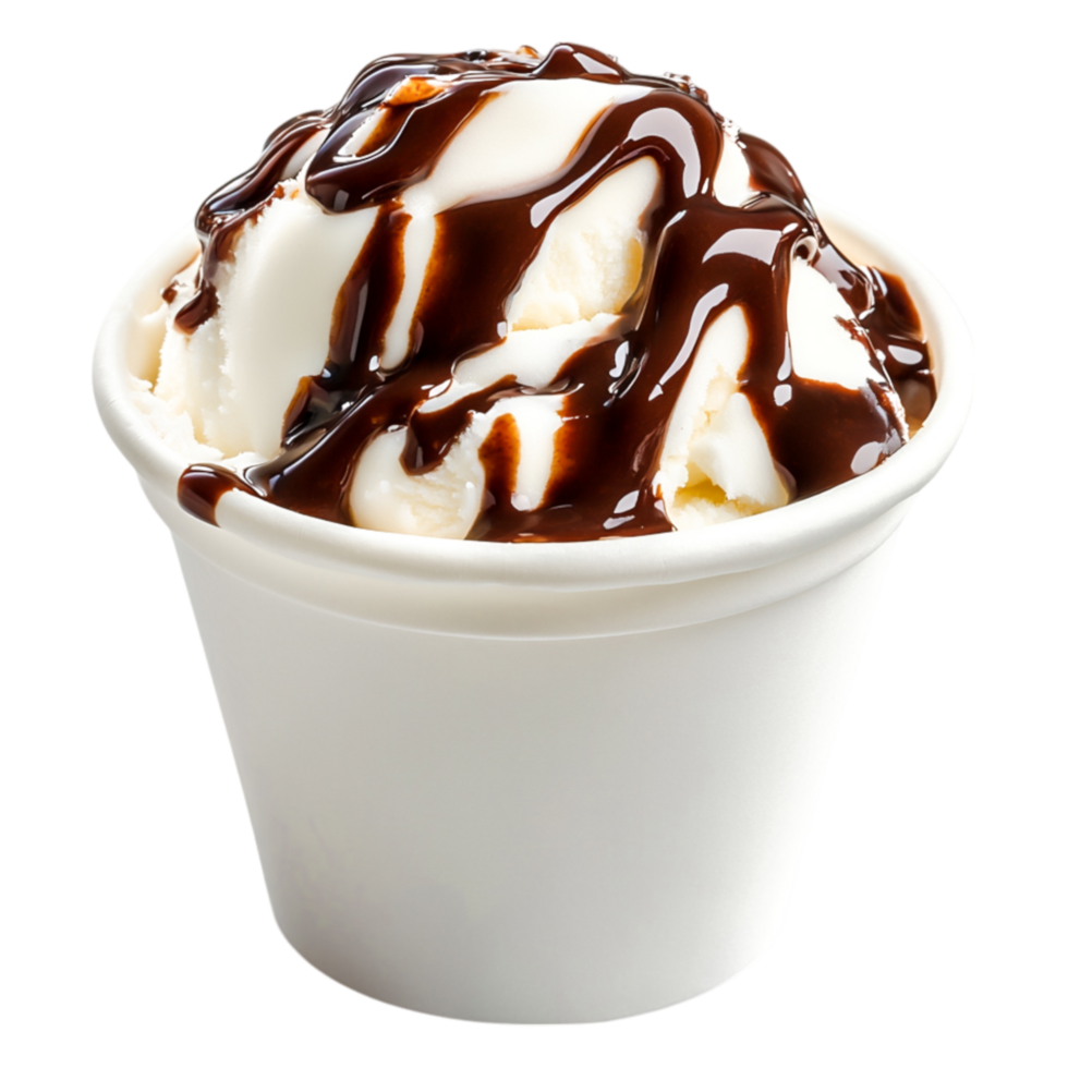 Delicious Vanilla Ice Cream with Chocolate Sauce in White Cup png