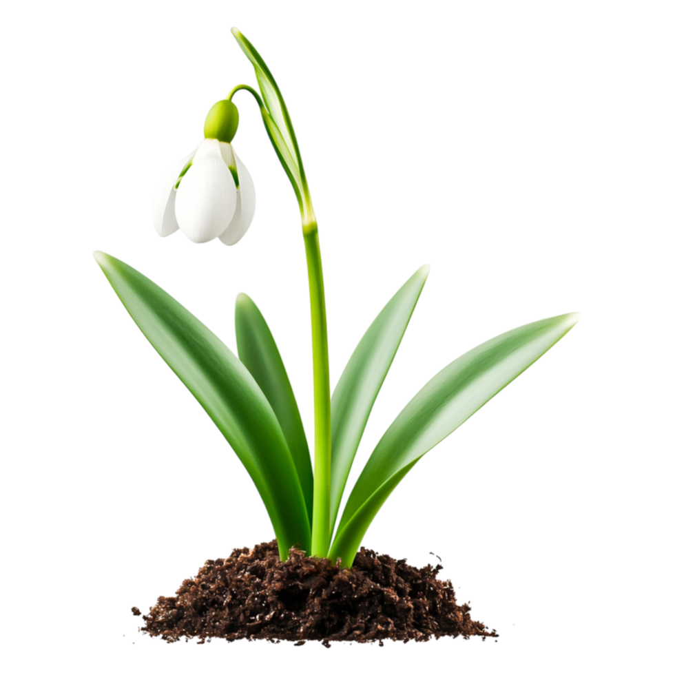 Single Snowdrop Flower Emerging from Dark Soil Isolated on White png