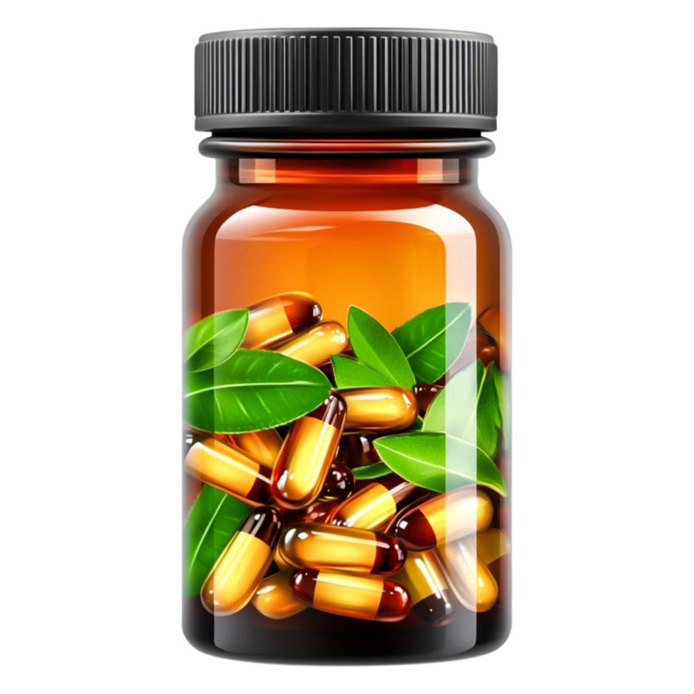 Glass Bottle with Dietary Supplement Capsules and Green Leaves png