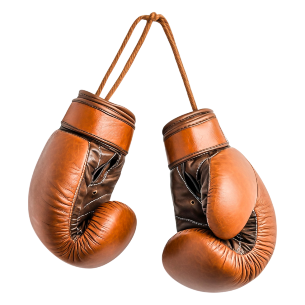 Classic Brown Leather Boxing Gloves Hanging on a Hook png