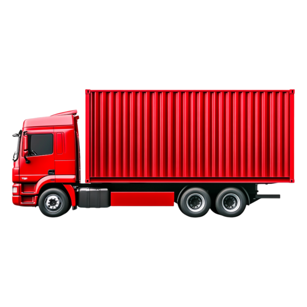 Bright Red Truck with Container in Side View on png