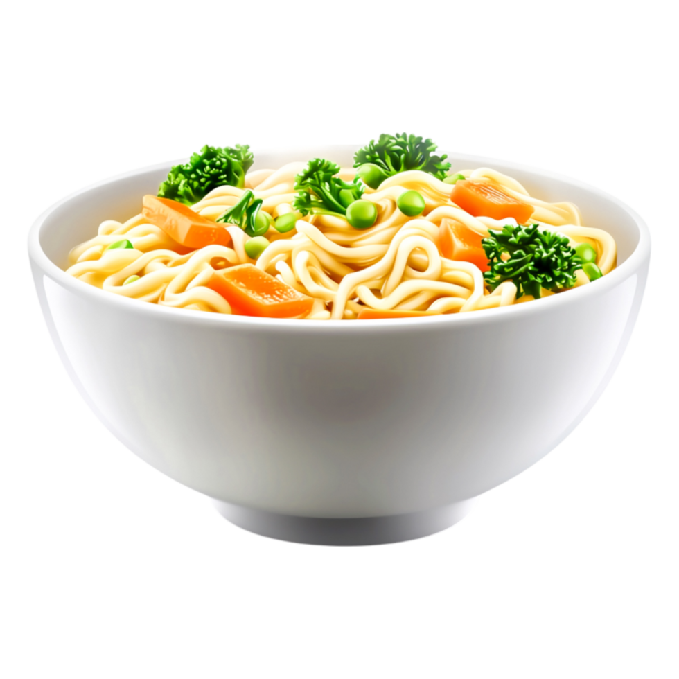 Fresh Vegetable Noodles in a White Bowl with Bright Green Broccoli png