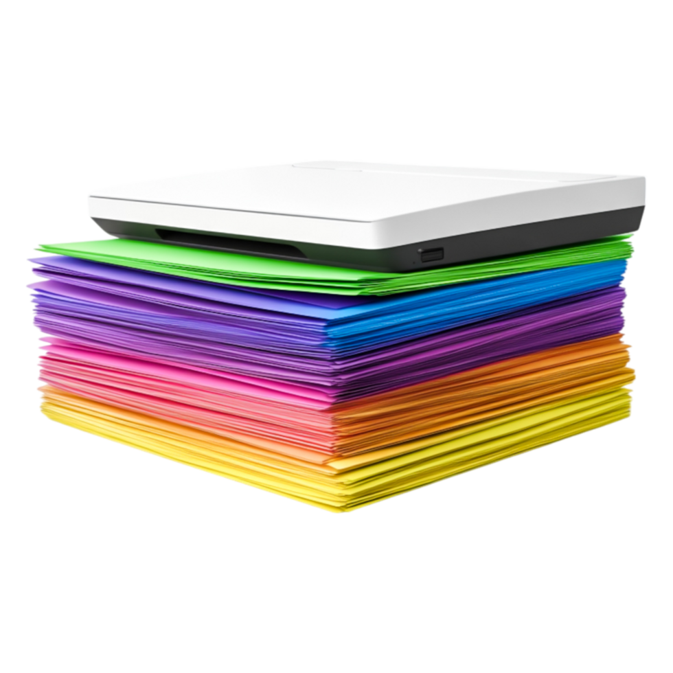 Colorful Stack of Paper Sheets with Laptop on Top for Office Use png
