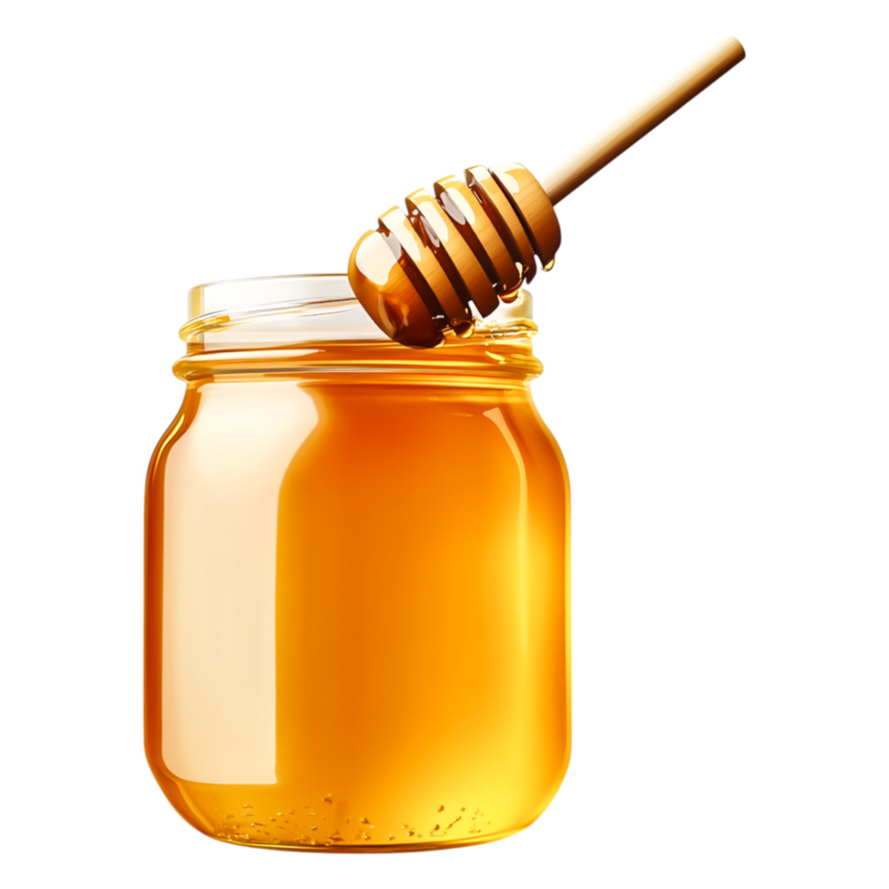 Glass Jar of Golden Honey with Honey Dipper on png