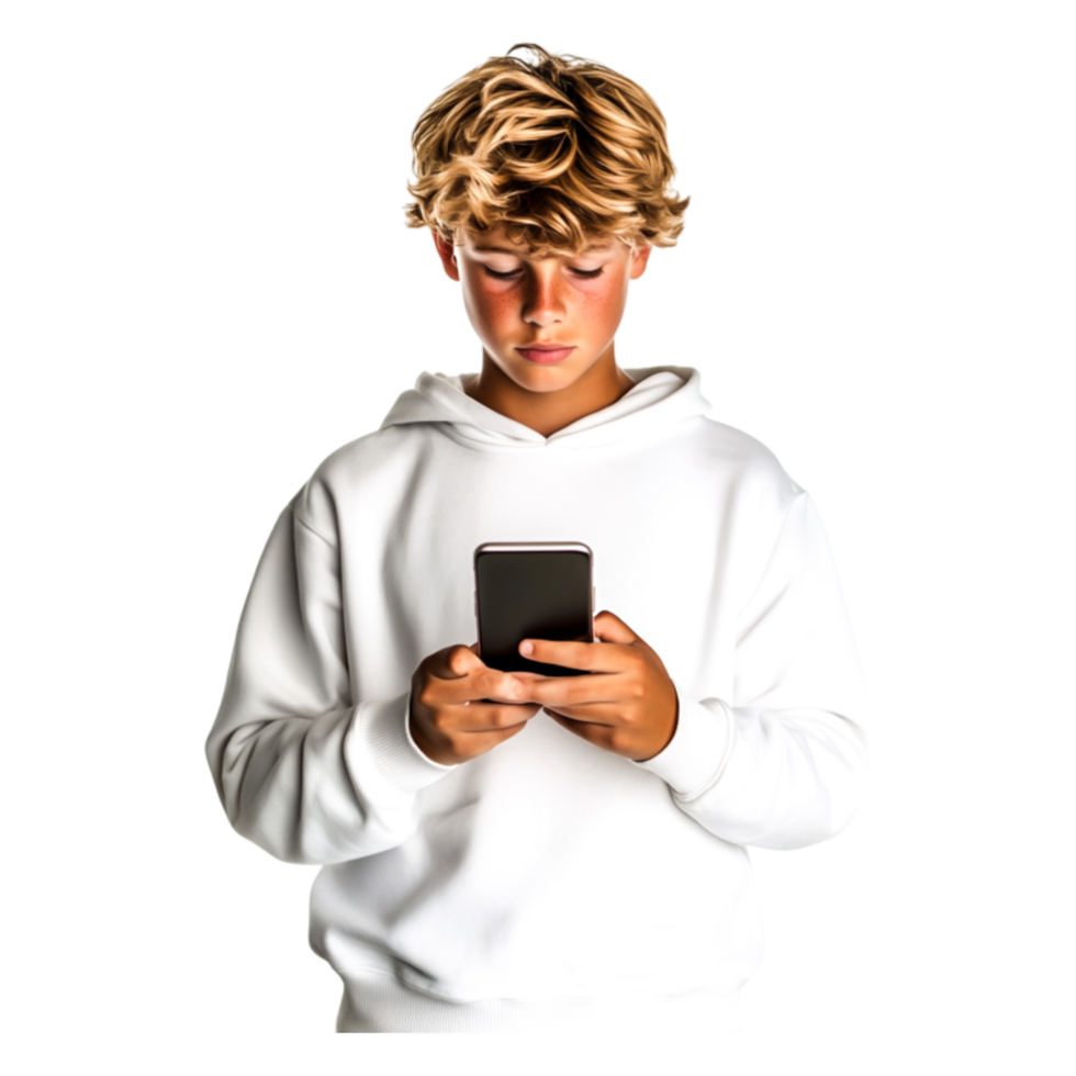 Teen Boy Wearing White Hoodie Looking at a Smartphone Device png