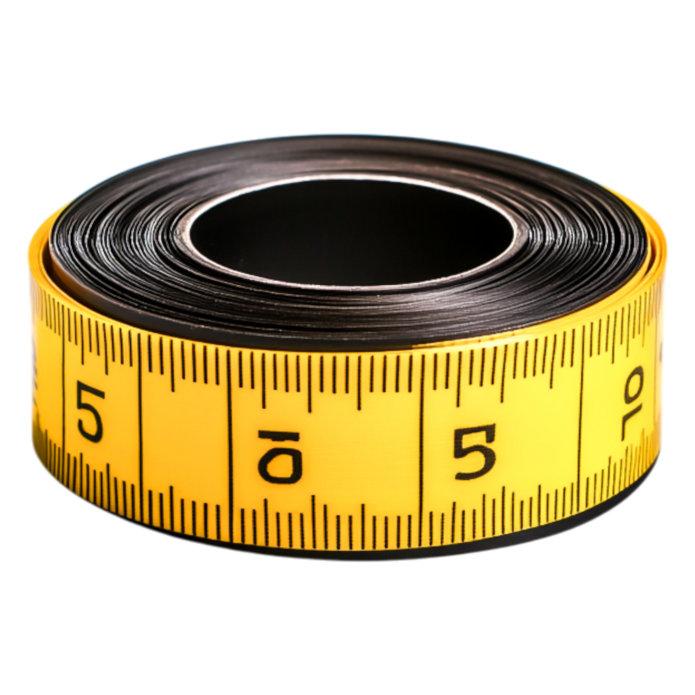 closeup of a Yellow Measuring Tape with Black Measurements Coiled png