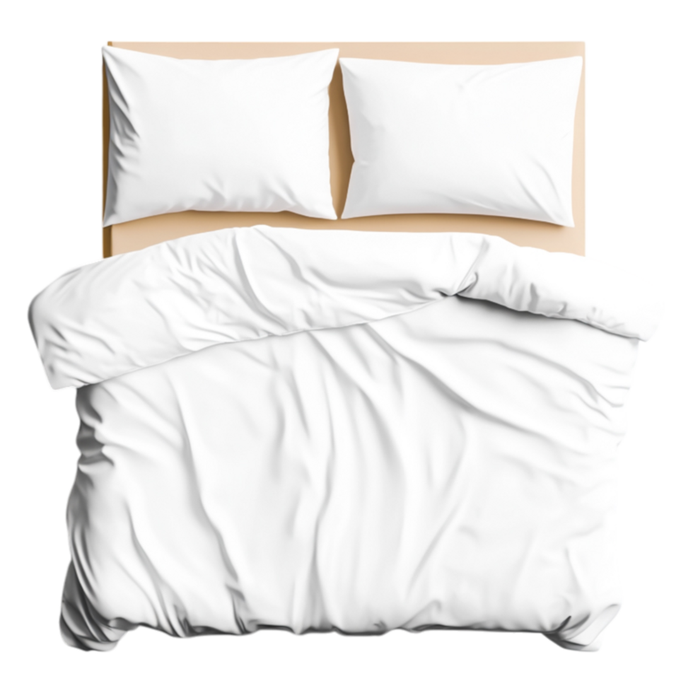 Cozy White Bedding Set on Wooden Bed with Soft Pillows and Blankets png
