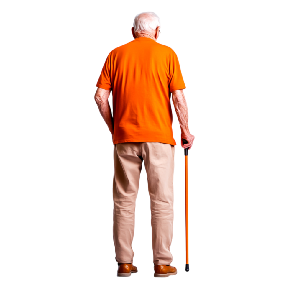 Elderly Man in Orange Shirt with Cane Facing Away from Camera png