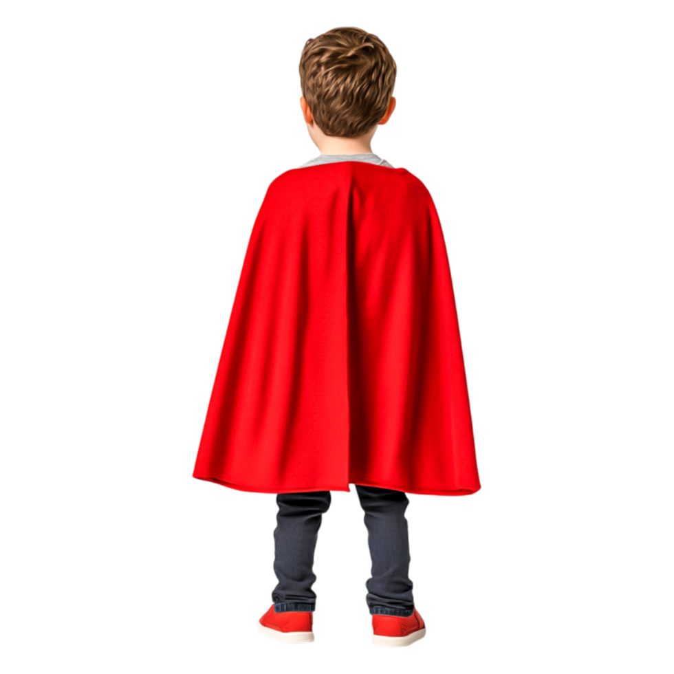 Young child in a red superhero cape looking towards the horizon png