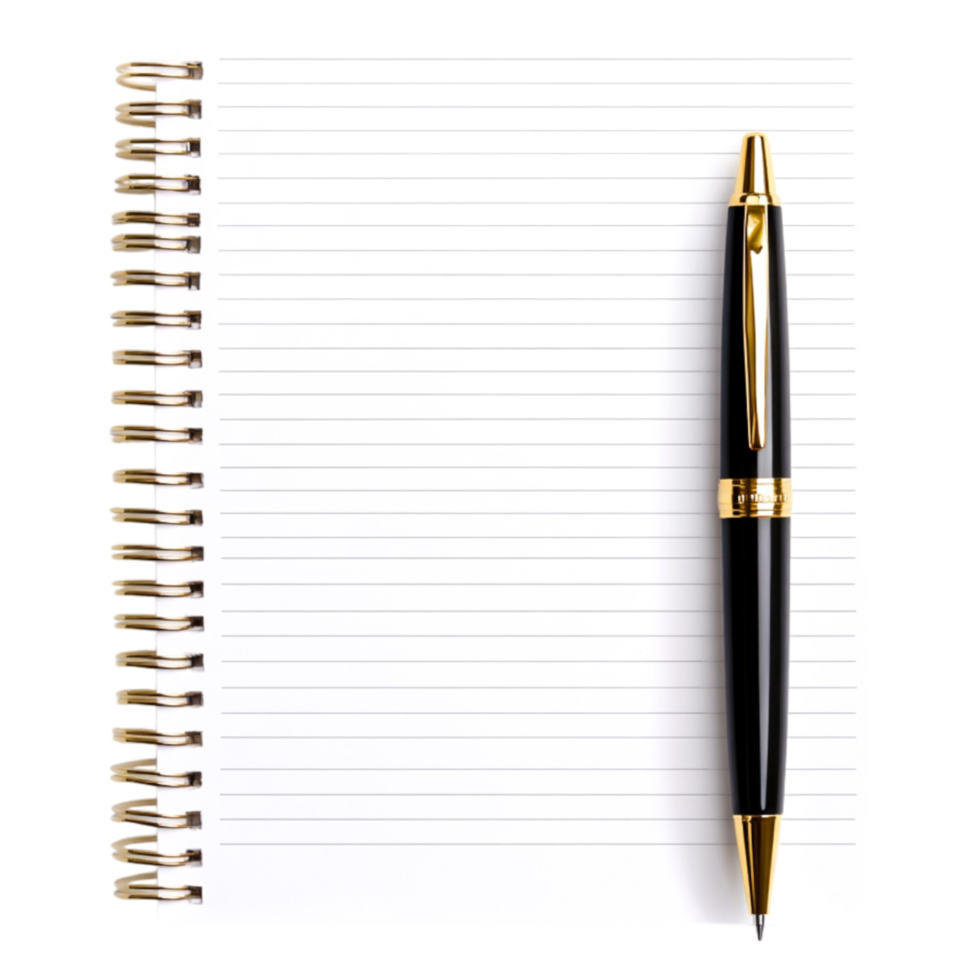 Elegant Black Pen Resting on Blank Spiral Notebook with Lines png