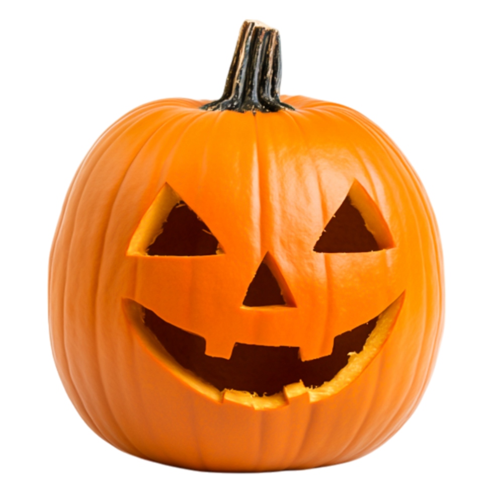Jack-o'-lantern with a cheerful face carved into a fresh pumpkin png