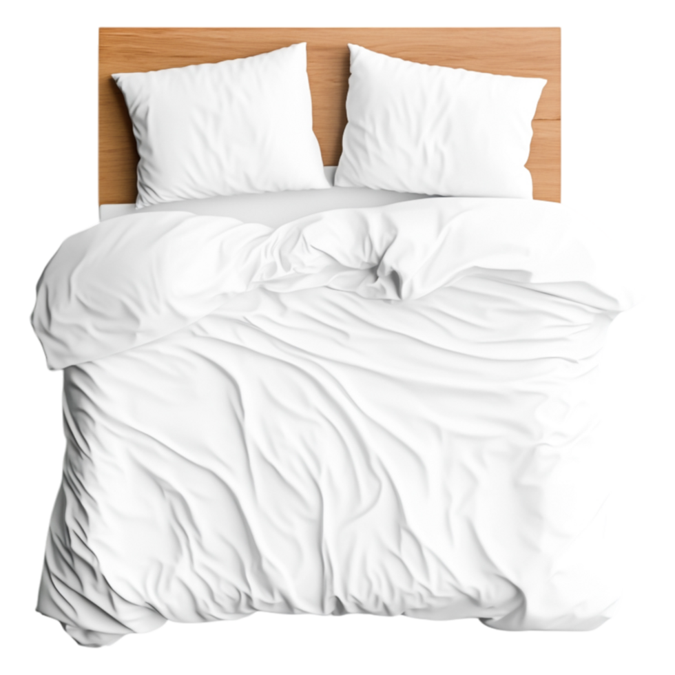 Cozy White Bedding Set on a Wooden Bed Frame with Pillows png